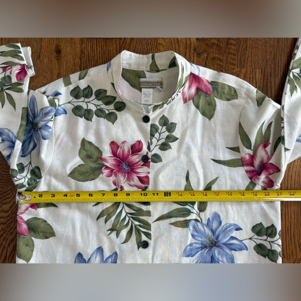 Coldwater Creek Linen Blend Mandarin Collar Shirt Jacket Botanical Cottagecore M - Picture 6 of 11